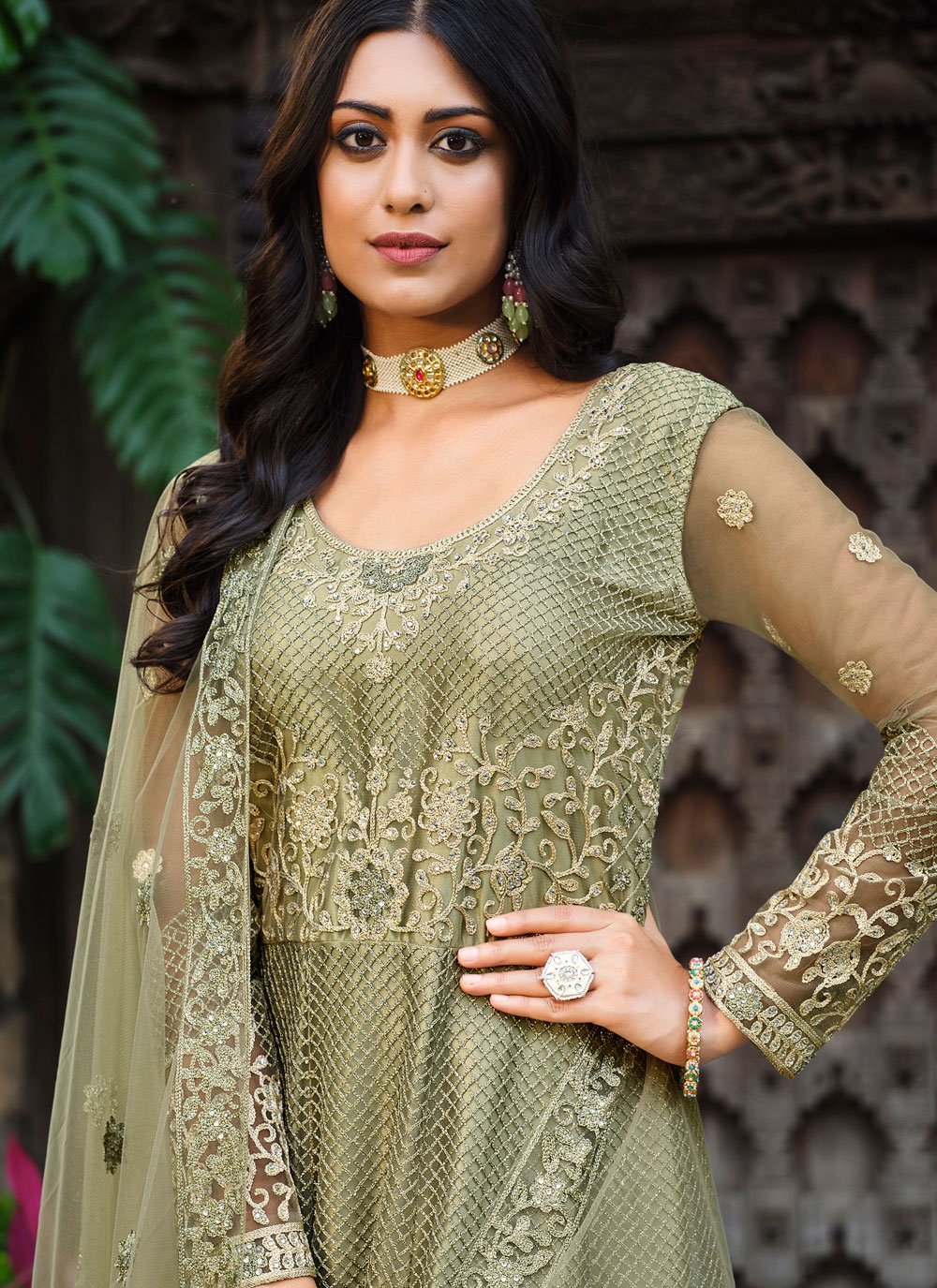 Salwar Suit Net Green Embroidered Salwar Kameez