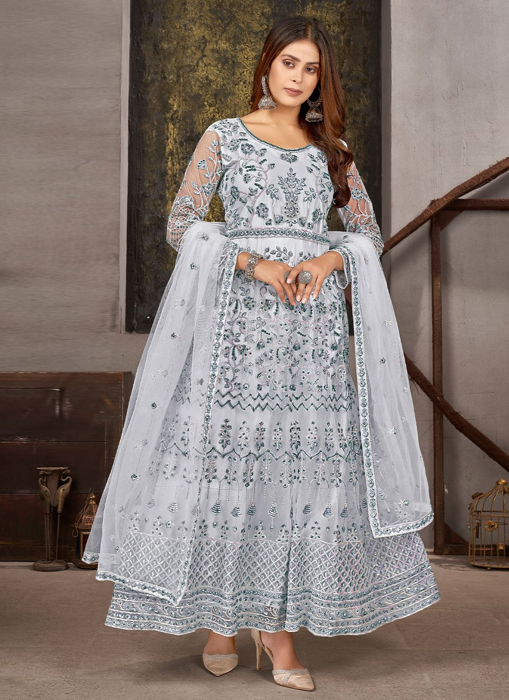 Ankle Lenght Suit Net Grey Diamond Salwar Kameez