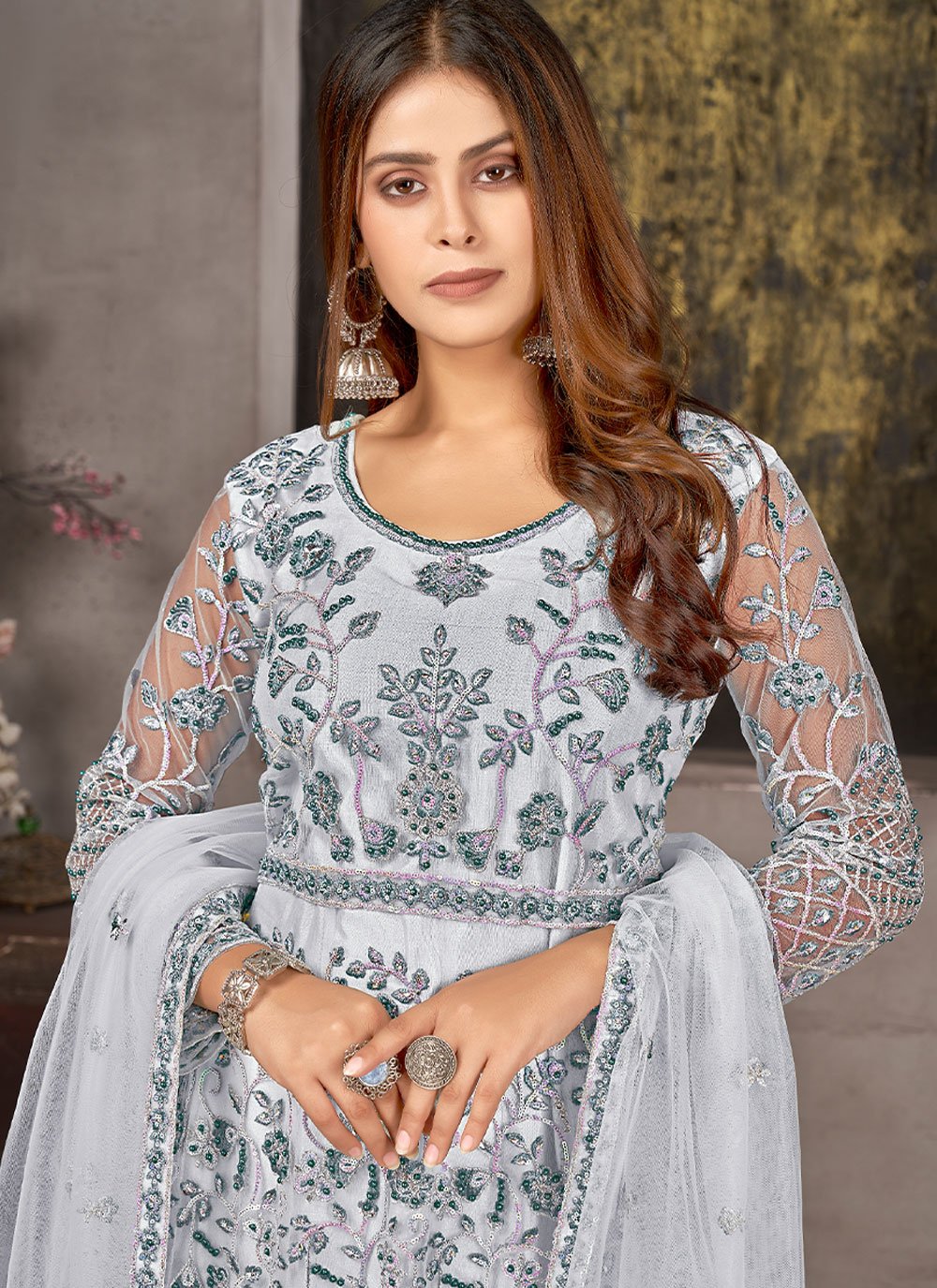 Ankle Lenght Suit Net Grey Diamond Salwar Kameez