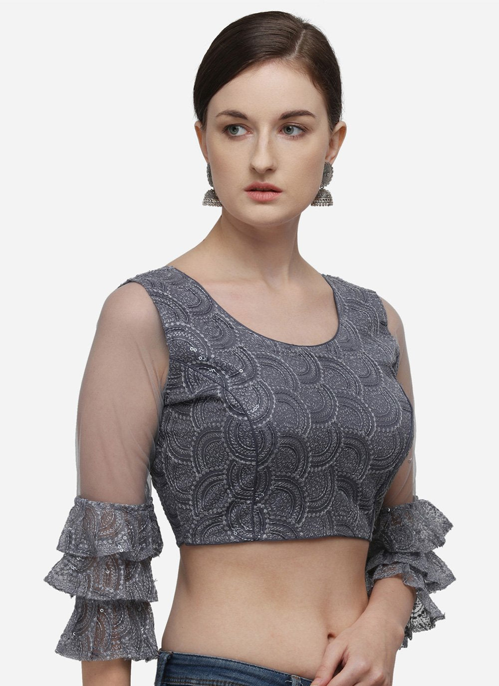 Designer Blouse Net Grey Embroidered Blouse