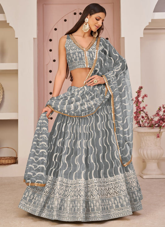 Lehenga Choli Net Grey Embroidered Lehenga Choli