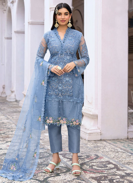 Salwar Suit Net Grey Embroidered Salwar Kameez