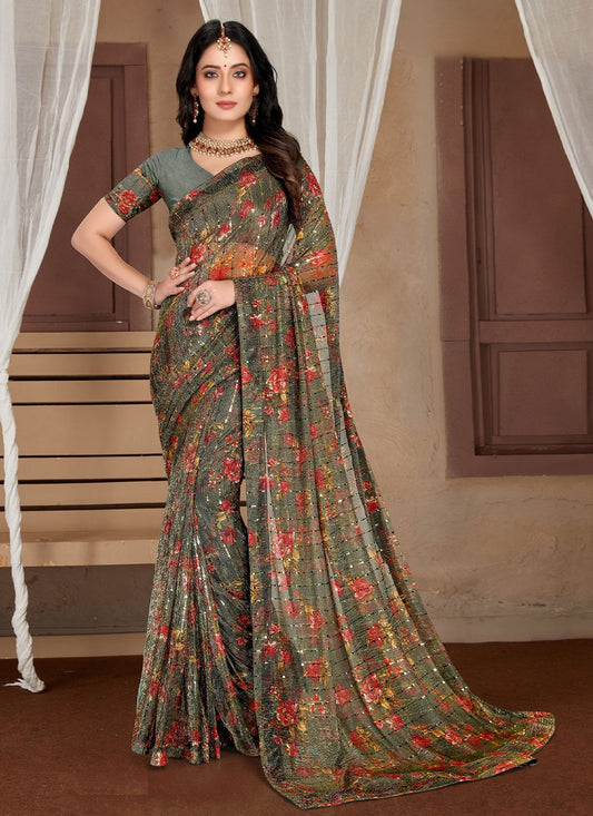 Classic Net Grey Digital Print Saree