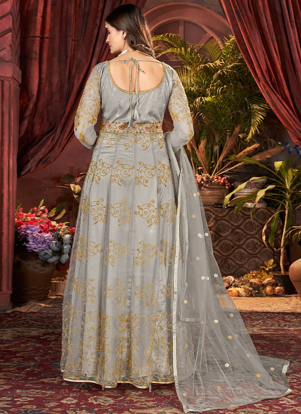 Floor Lenght Salwar Suit Net Grey Embroidered Salwar Kameez