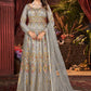 Floor Lenght Salwar Suit Net Grey Embroidered Salwar Kameez