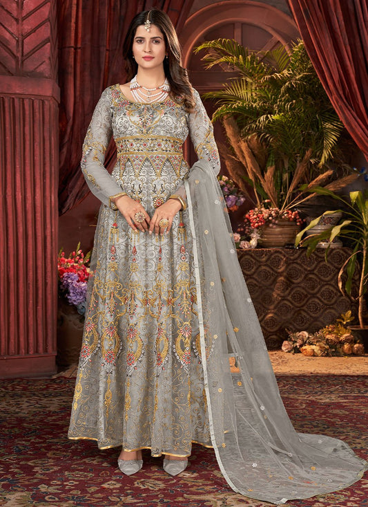 Floor Lenght Salwar Suit Net Grey Embroidered Salwar Kameez