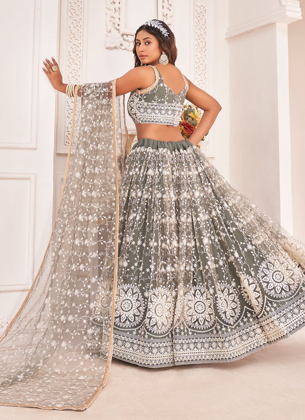 Lehenga Choli Net Grey Embroidered Lehenga Choli