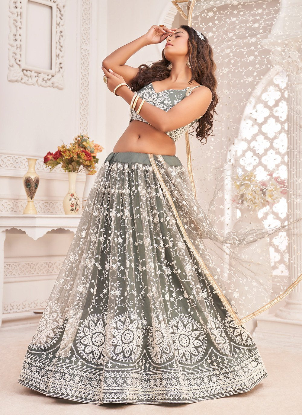 Lehenga Choli Net Grey Embroidered Lehenga Choli