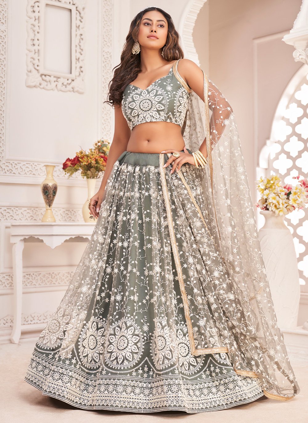 Lehenga Choli Net Grey Embroidered Lehenga Choli