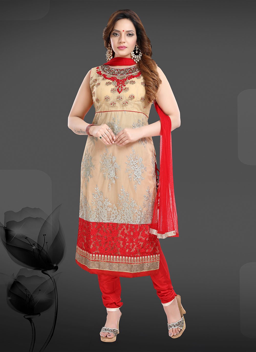 Salwar Suit Net Red Hand Work Salwar Kameez