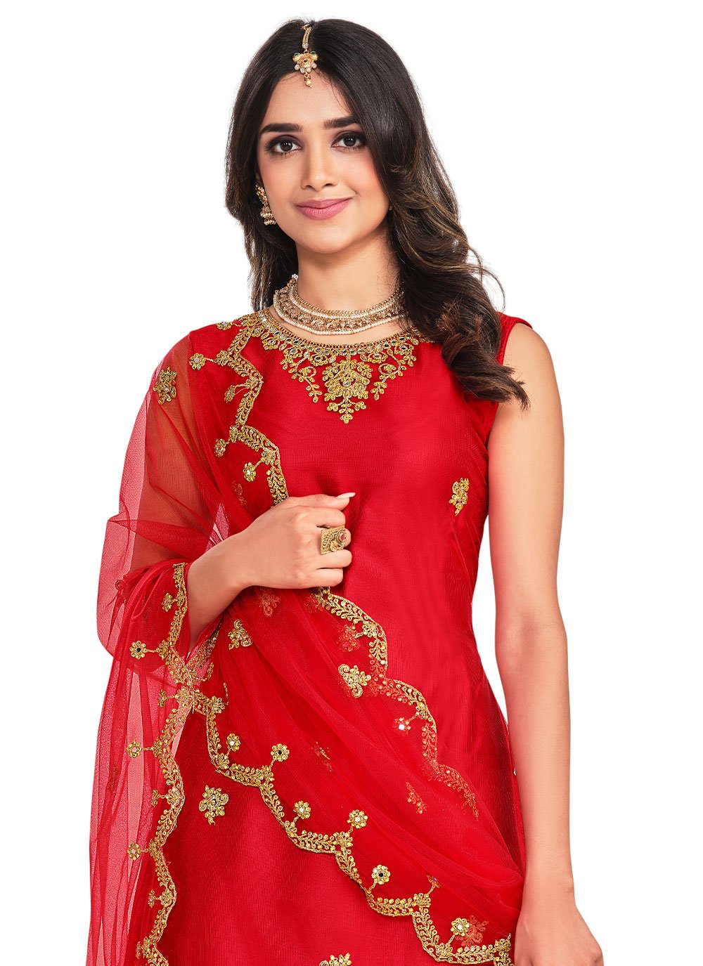 Jacket Style Suit Net Red Cord Work Salwar Kameez