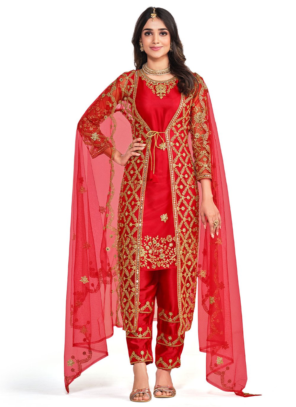 Jacket Style Suit Net Red Cord Work Salwar Kameez