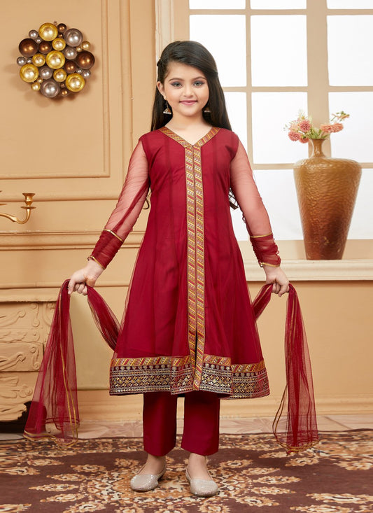 Anarkali Suit Net Maroon Lace Kids