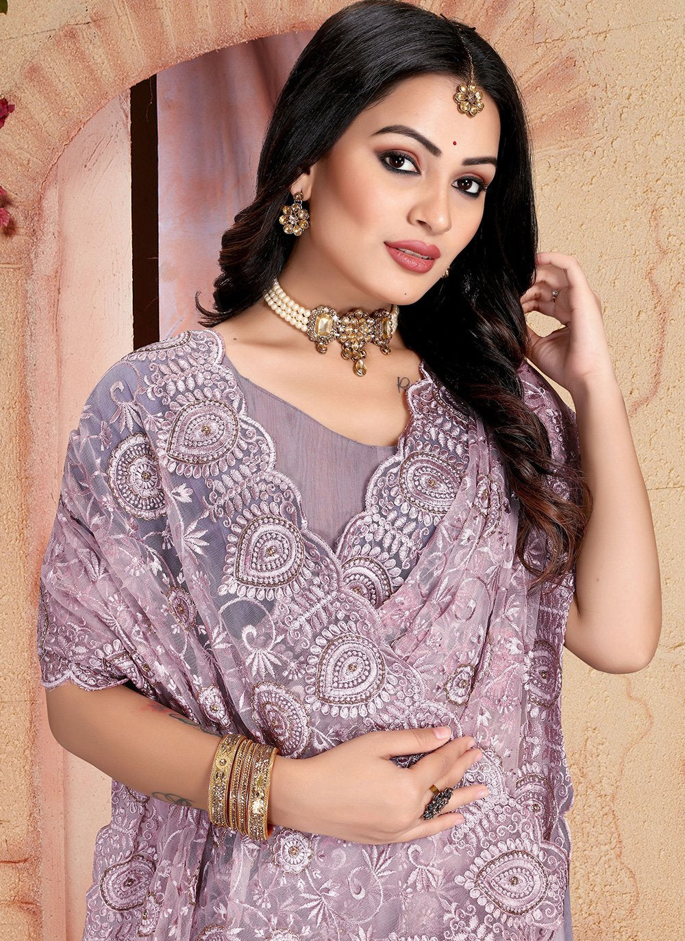 Trendy Saree Net Lavender Embroidered Saree