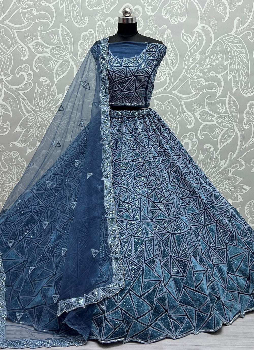 Lehenga Choli Net Blue Embroidered Lehenga Choli