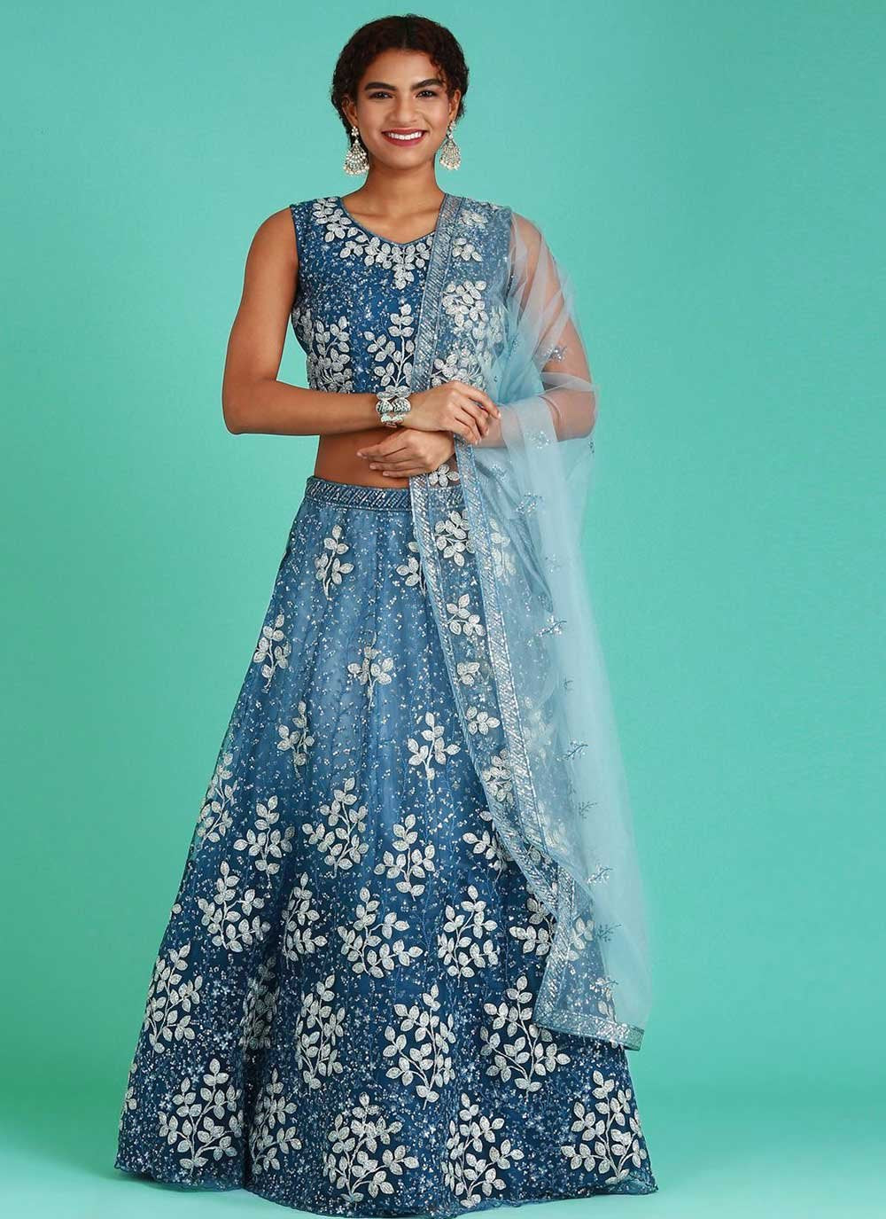 Lehenga Choli Net Blue Embroidered Lehenga Choli