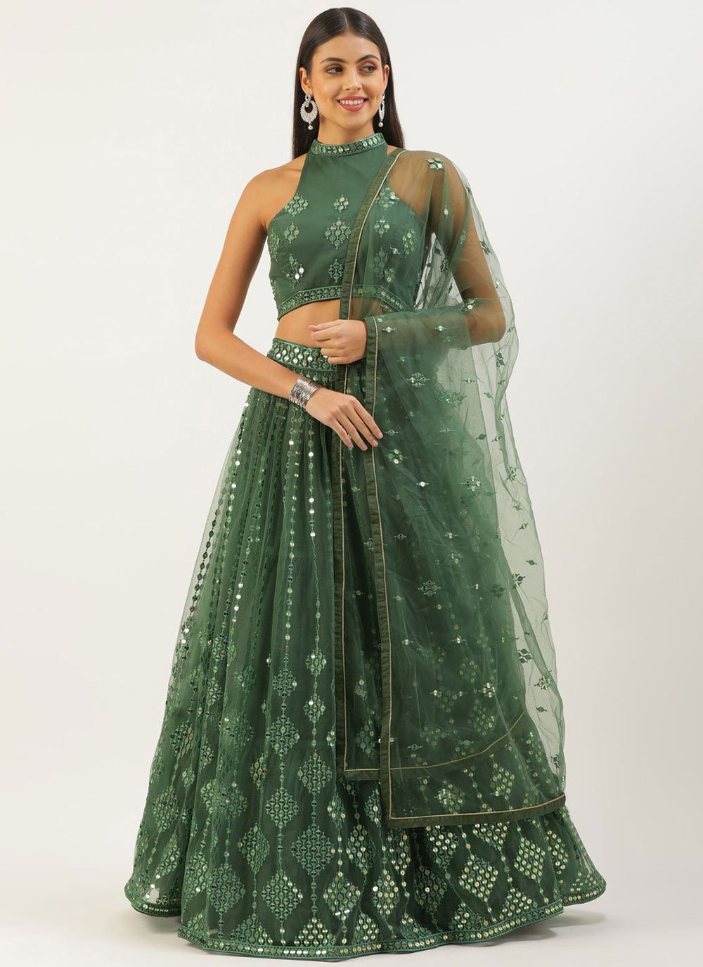 Lehenga Choli Net Green Embroidered Lehenga Choli