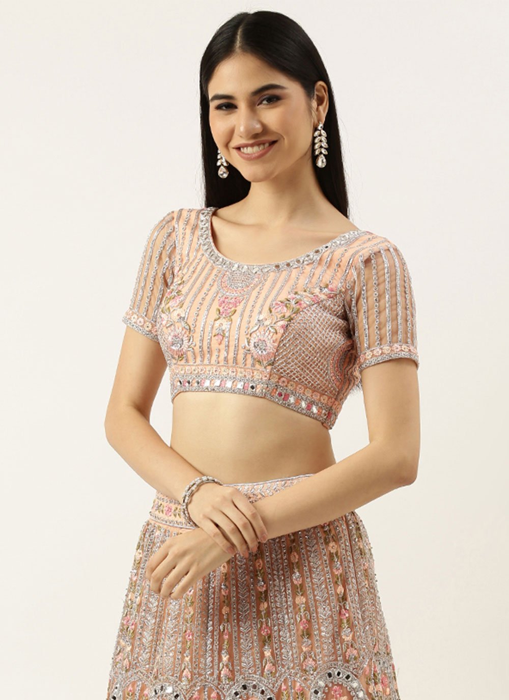 Lehenga Choli Net Peach Embroidered Lehenga Choli