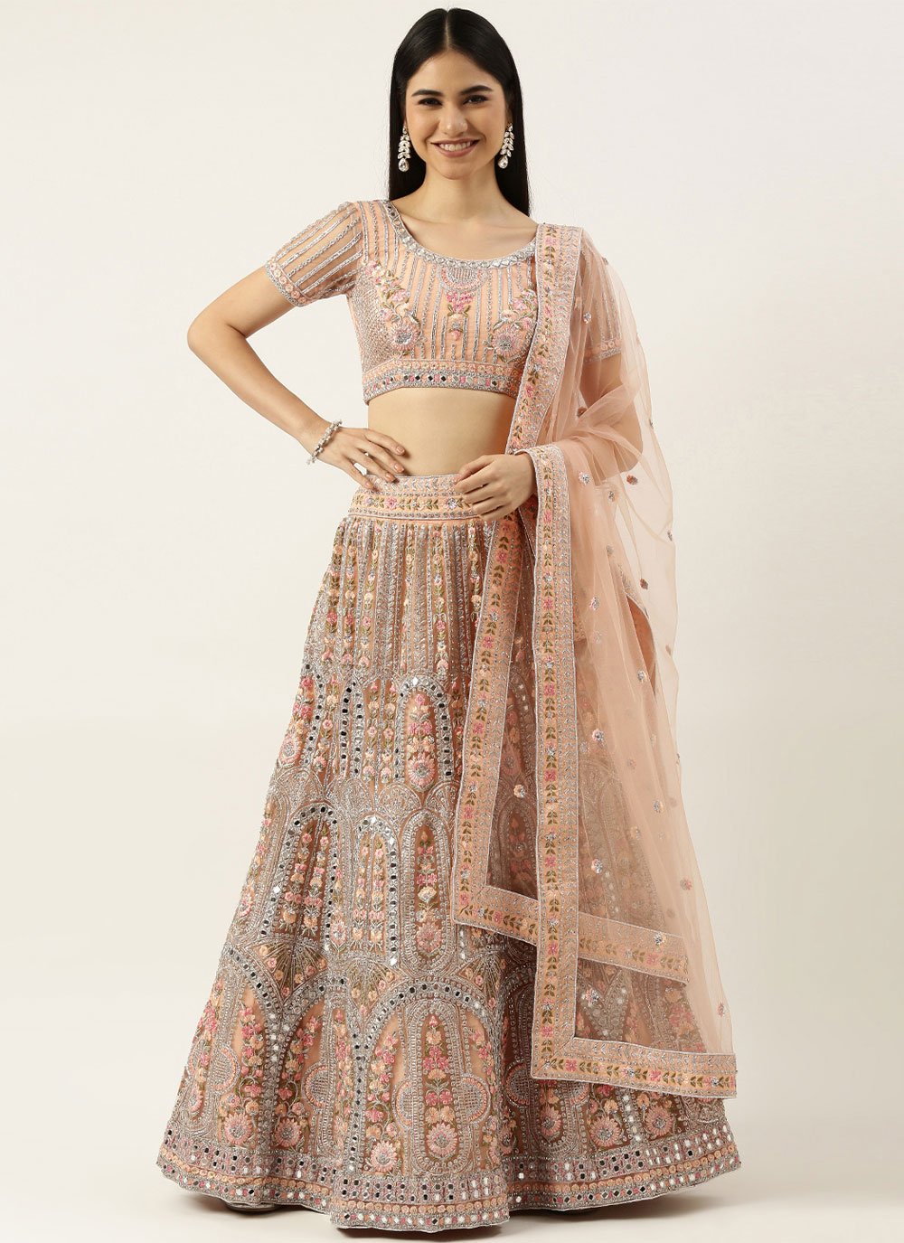 Lehenga Choli Net Peach Embroidered Lehenga Choli