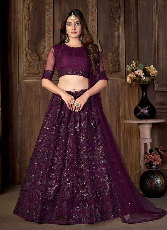 Lehenga Choli Net Purple Embroidered Lehenga Choli