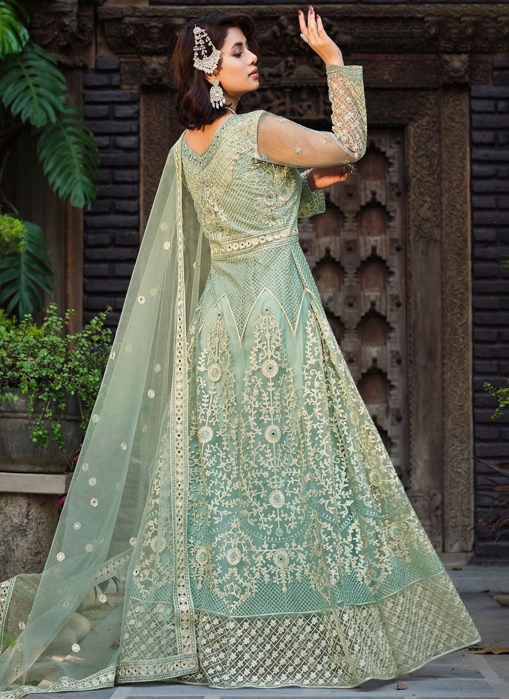 Floor Lenght Salwar Suit Net Aqua Blue Embroidered Salwar Kameez