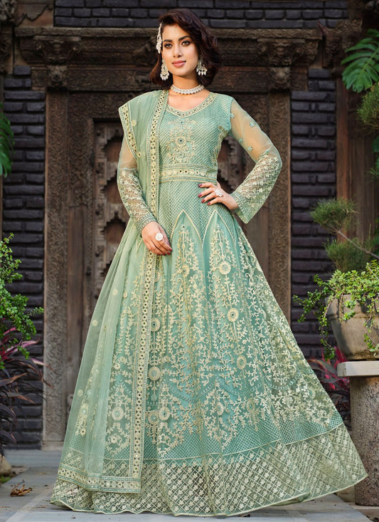 Floor Lenght Salwar Suit Net Aqua Blue Embroidered Salwar Kameez