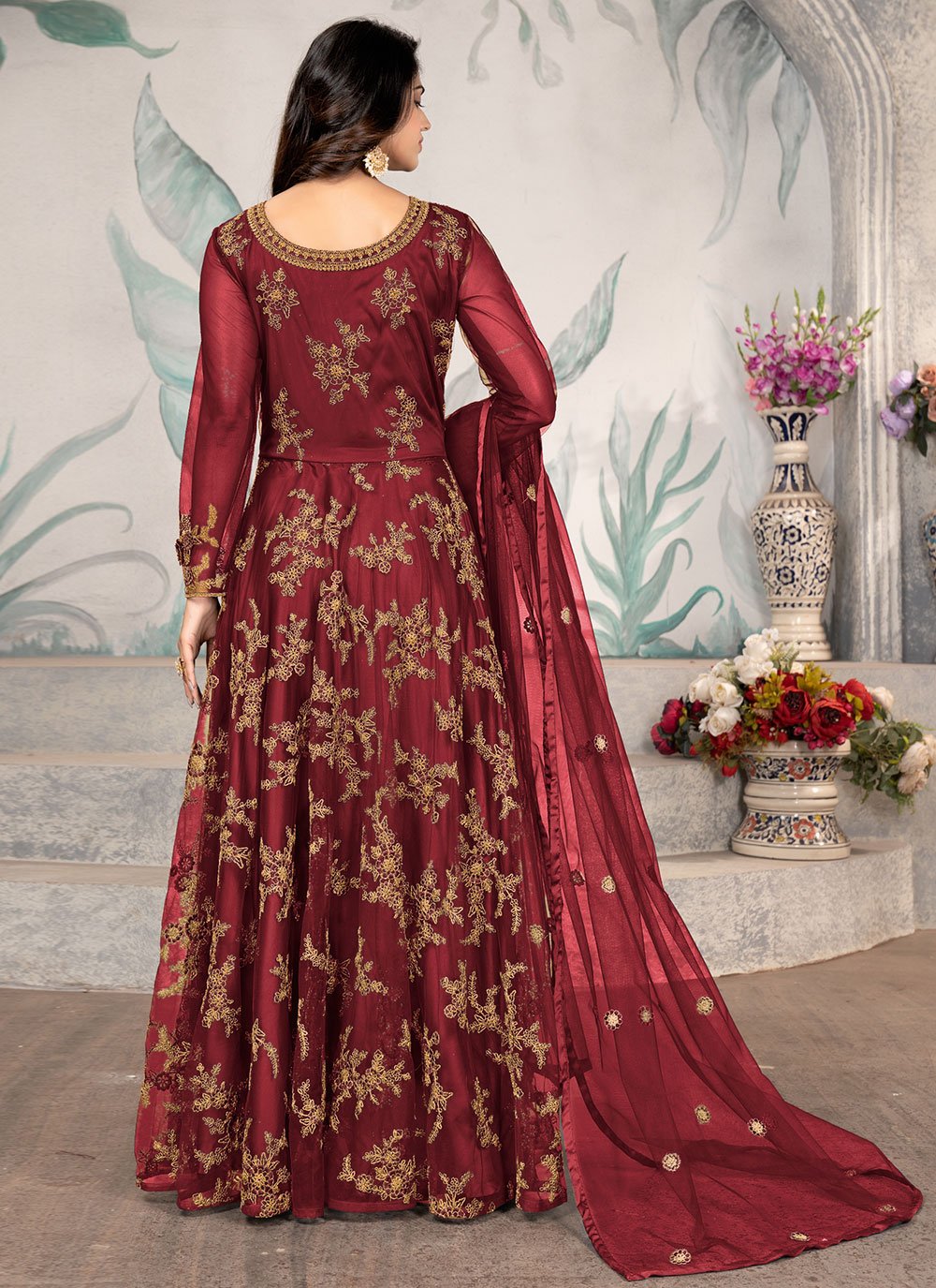 Floor Lenght Salwar Suit Net Maroon Embroidered Salwar Kameez