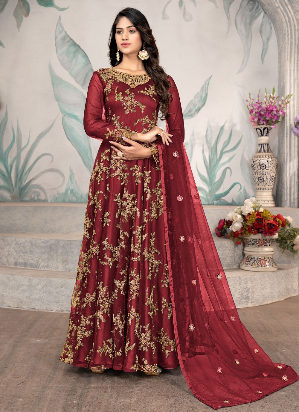 Floor Lenght Salwar Suit Net Maroon Embroidered Salwar Kameez