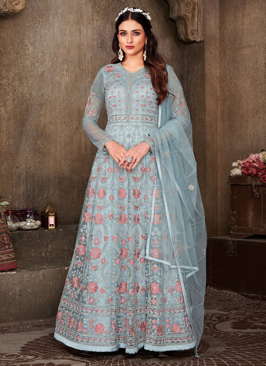 Floor Lenght Salwar Suit Net Aqua Blue Embroidered Salwar Kameez