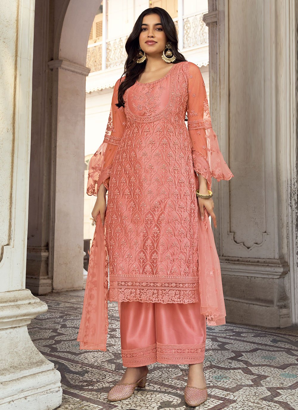 Floor Lenght Salwar Suit Net Peach Embroidered Salwar Kameez