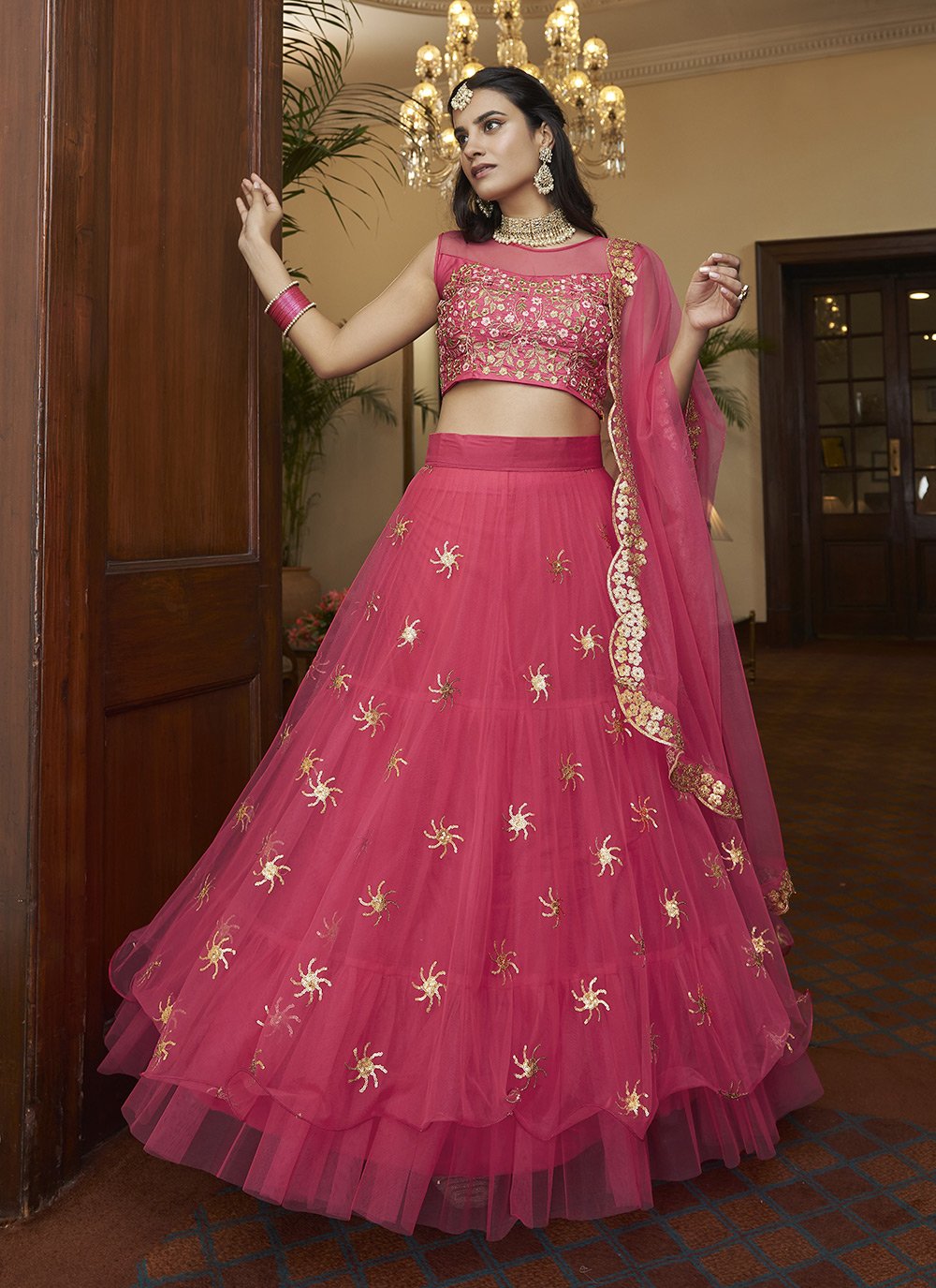 A Line Lehenga Net Magenta Embroidered Lehenga Choli