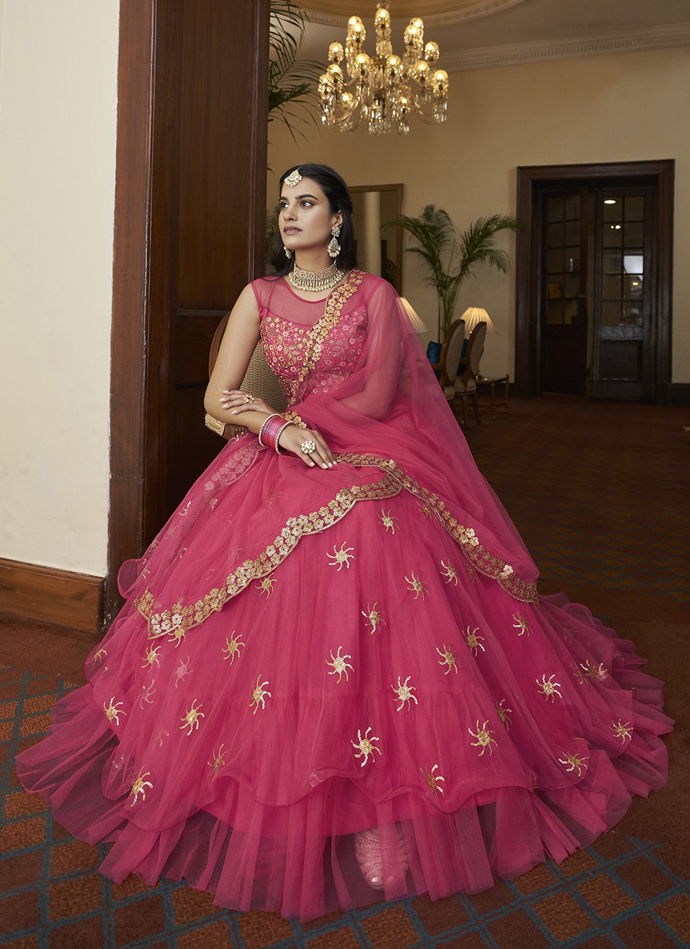 A Line Lehenga Net Magenta Embroidered Lehenga Choli