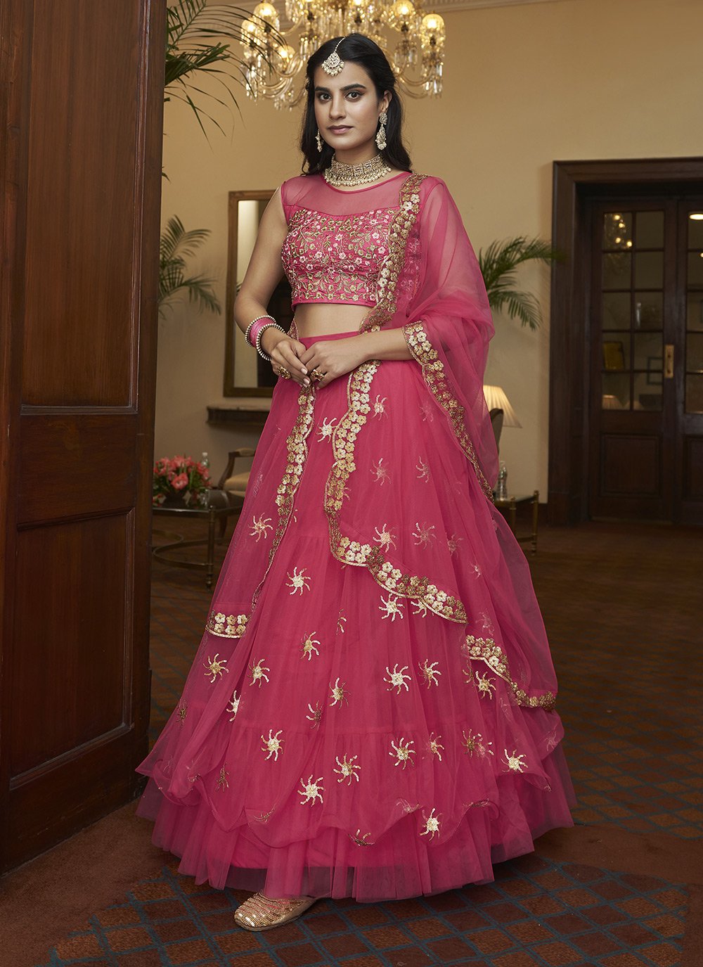 A Line Lehenga Net Magenta Embroidered Lehenga Choli