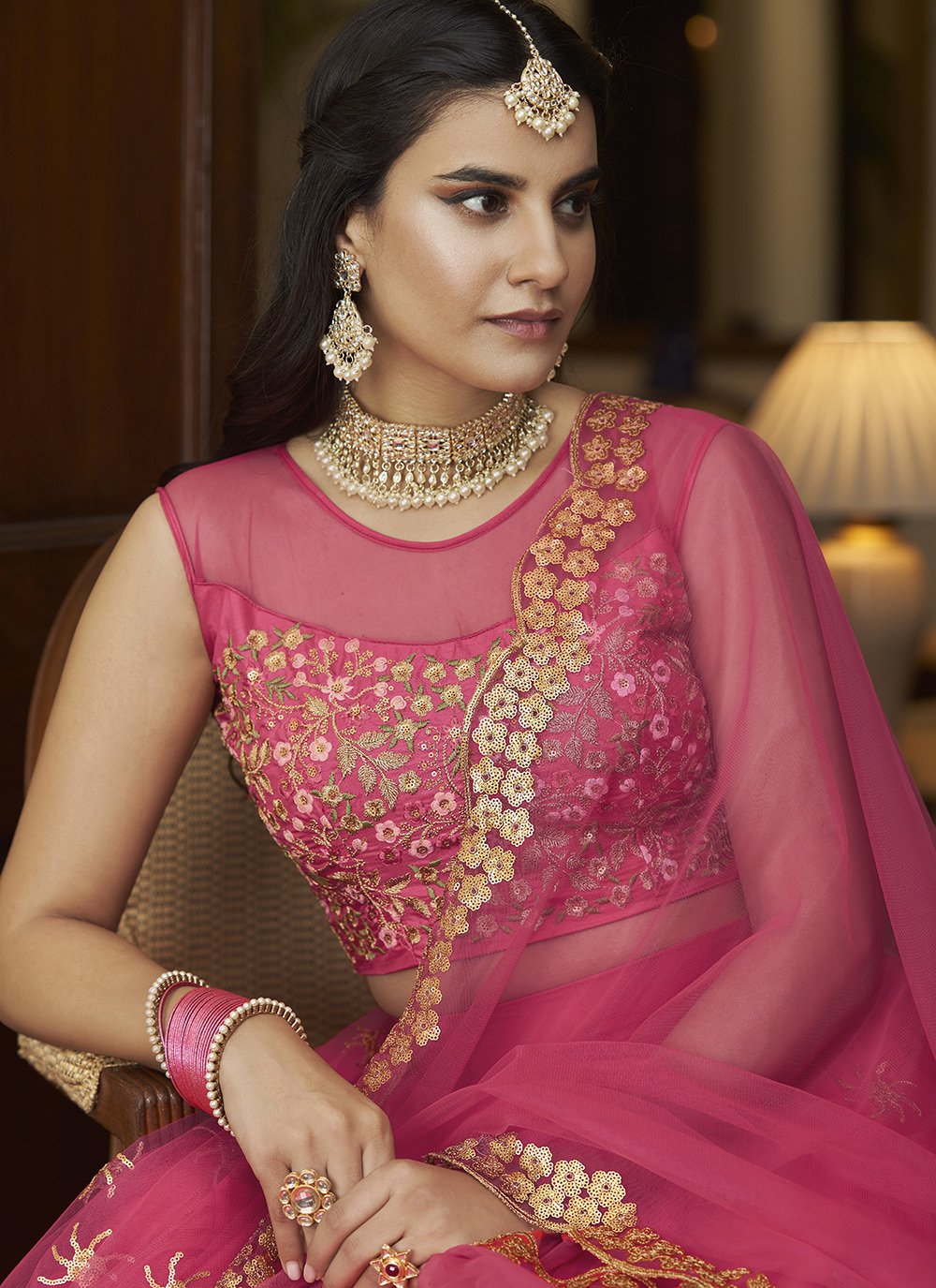 A Line Lehenga Net Magenta Embroidered Lehenga Choli