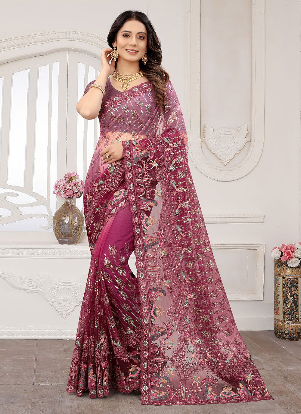 Classic Net Magenta Cord Work Saree