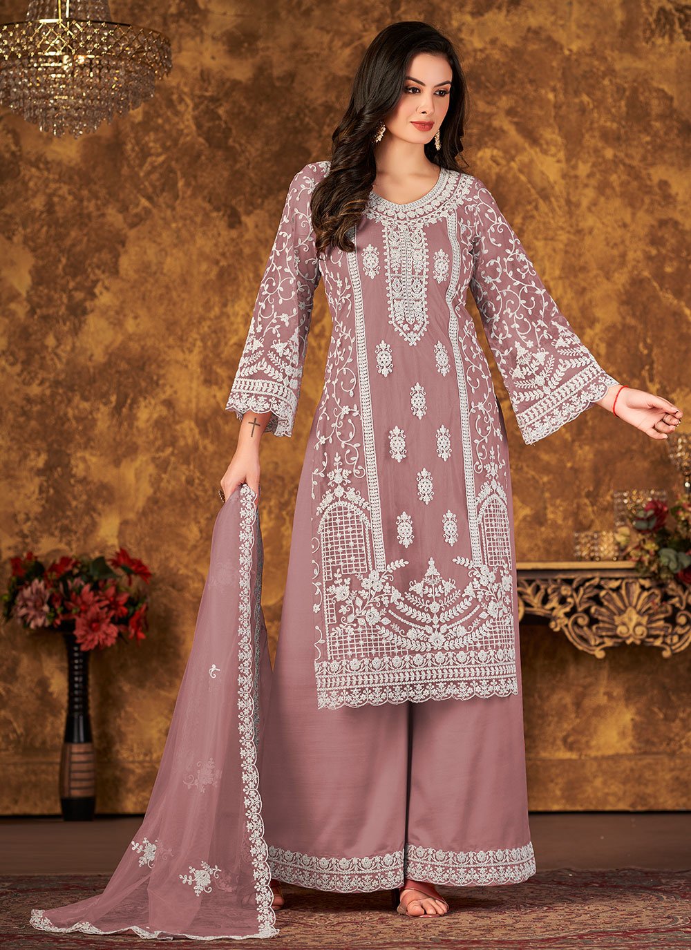 Palazzo Salwar Suit Net Mauve Embroidered Salwar Kameez