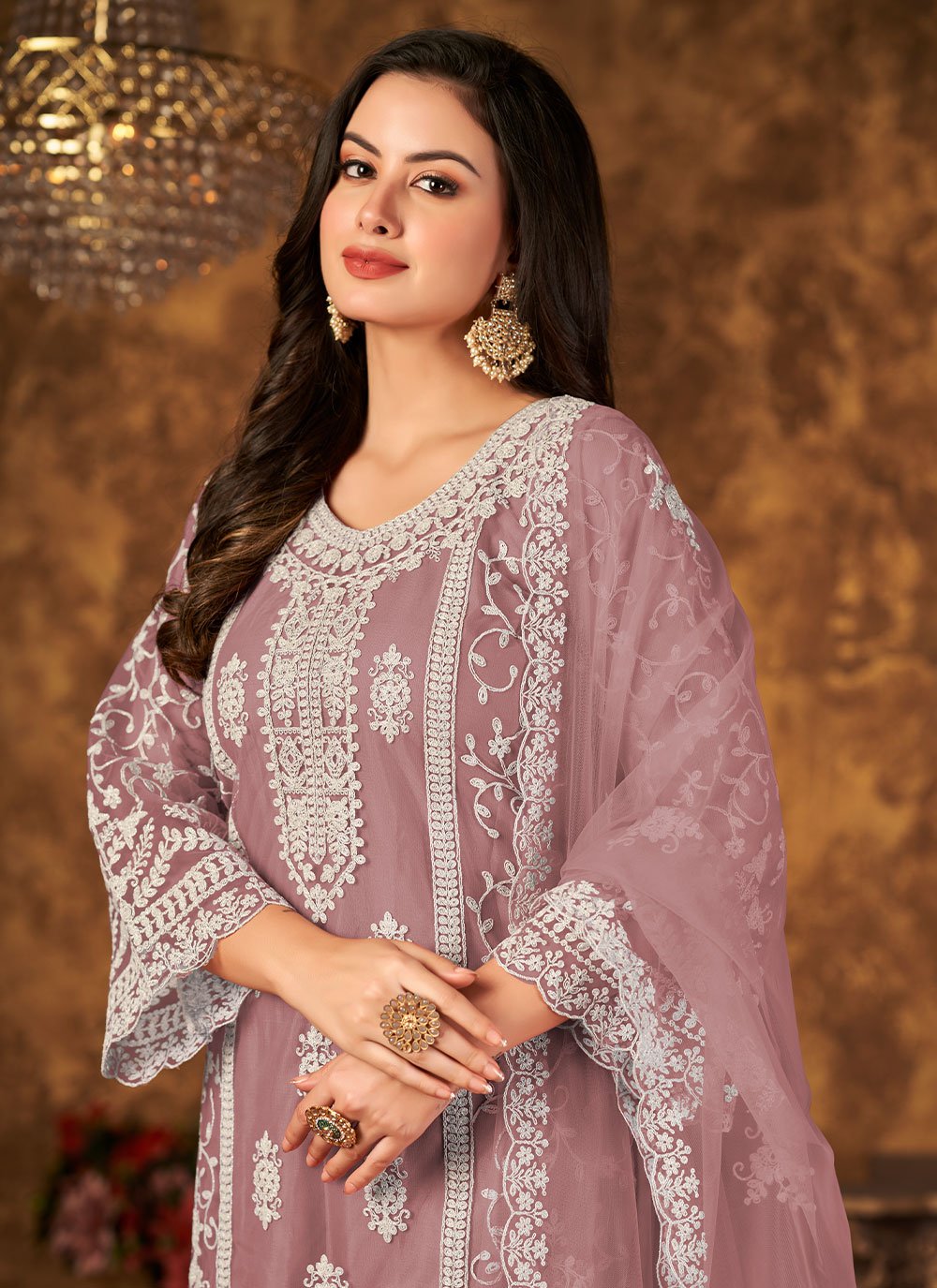 Palazzo Salwar Suit Net Mauve Embroidered Salwar Kameez