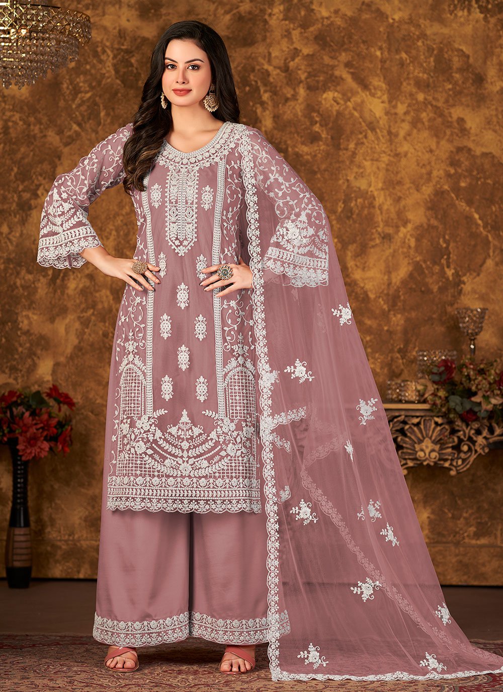 Palazzo Salwar Suit Net Mauve Embroidered Salwar Kameez