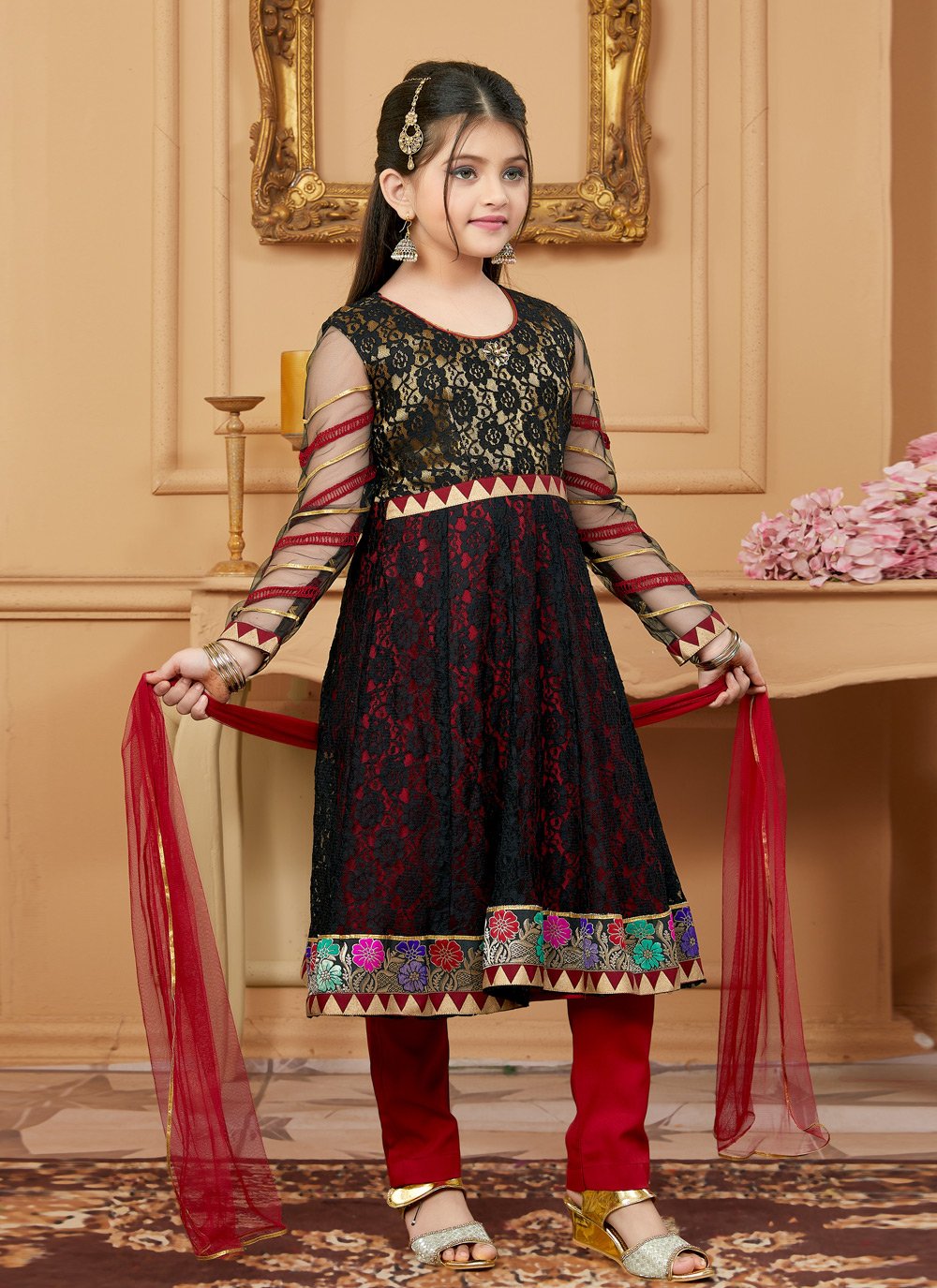 Pant Style Suit Net Black Embroidered Kids