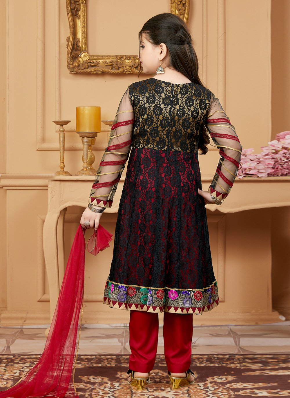 Pant Style Suit Net Black Embroidered Kids