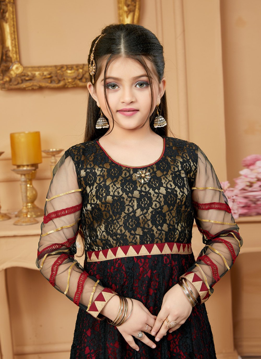 Pant Style Suit Net Black Embroidered Kids