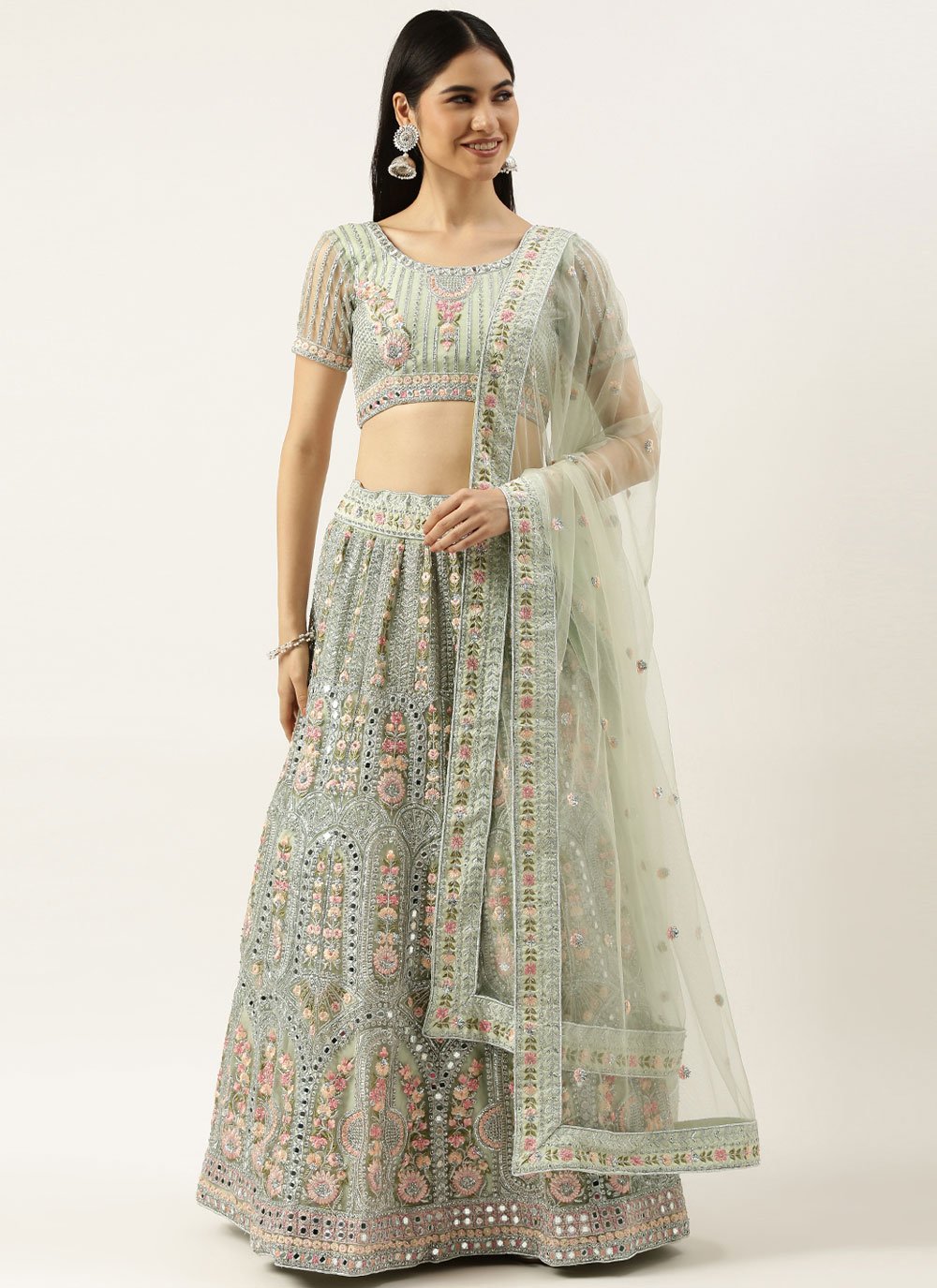 A Line Lehenga Net Aqua Blue Embroidered Lehenga Choli