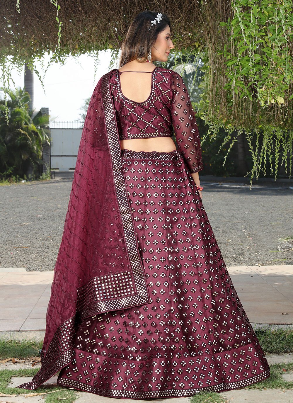 Lehenga Choli Net Wine Embroidered Lehenga Choli