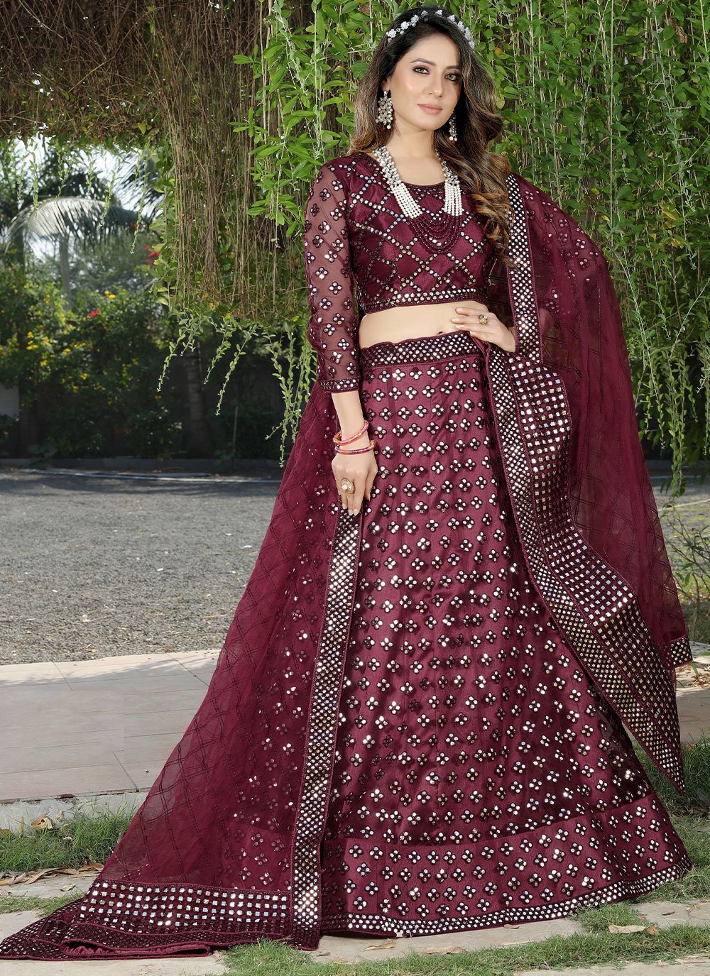 Lehenga Choli Net Wine Embroidered Lehenga Choli