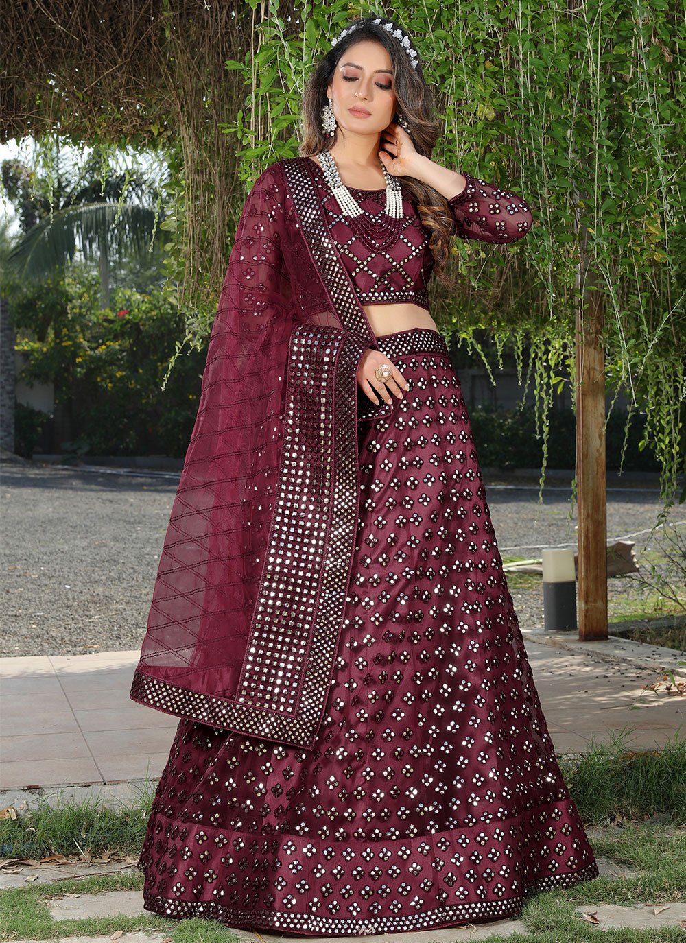 Lehenga Choli Net Wine Embroidered Lehenga Choli