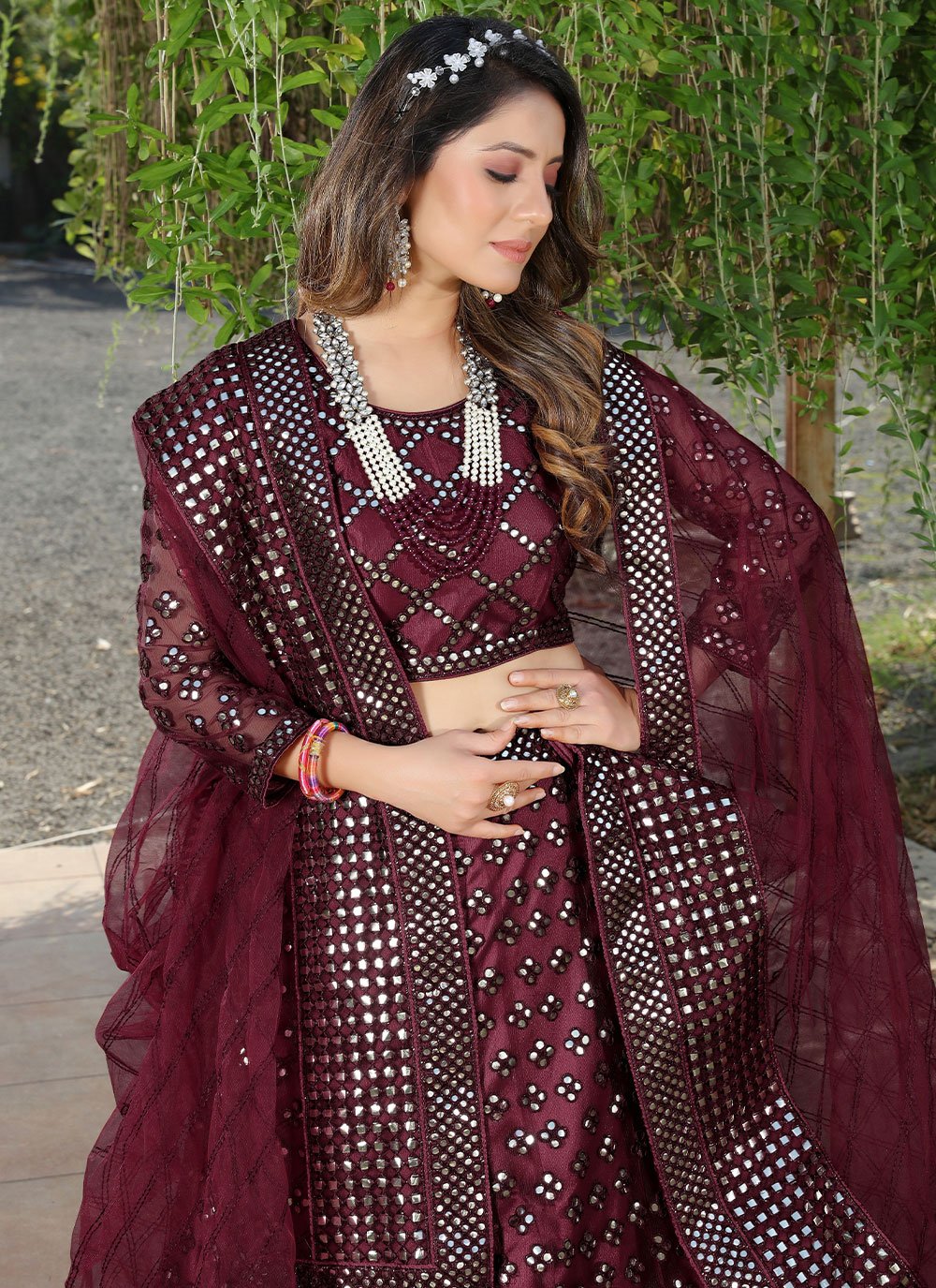 Lehenga Choli Net Wine Embroidered Lehenga Choli