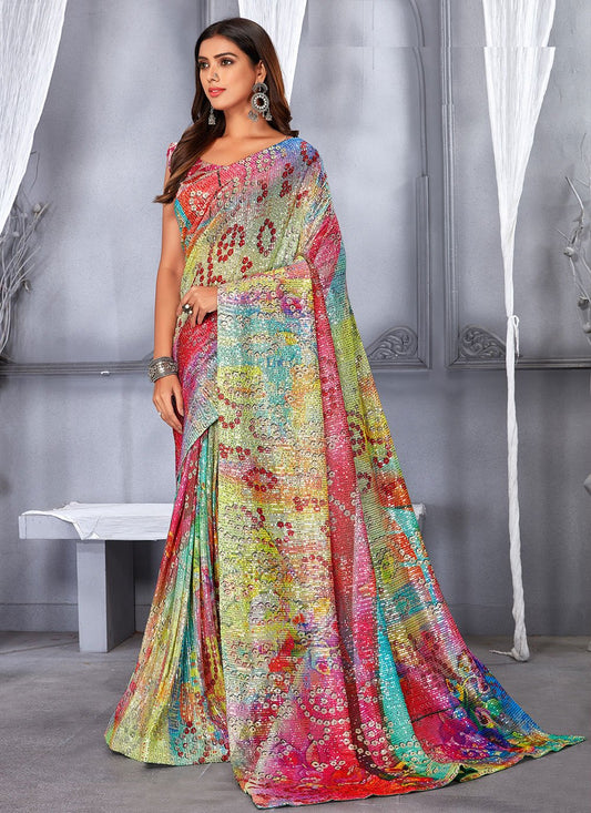 Classic Net Multi Colour Digital Print Saree