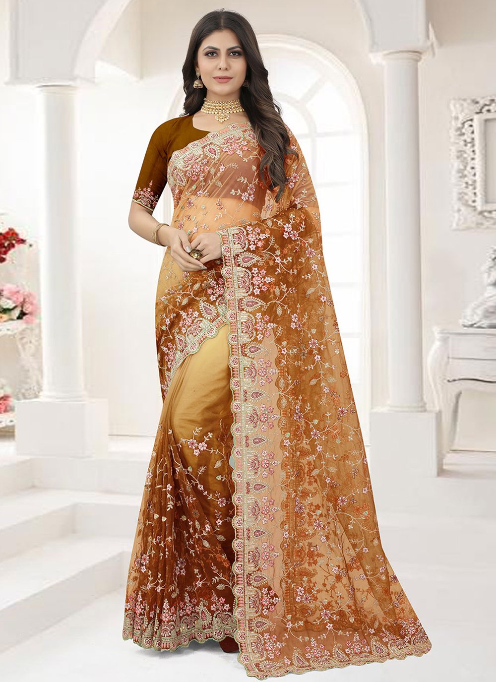 Contemporary Net Mustard Embroidered Saree