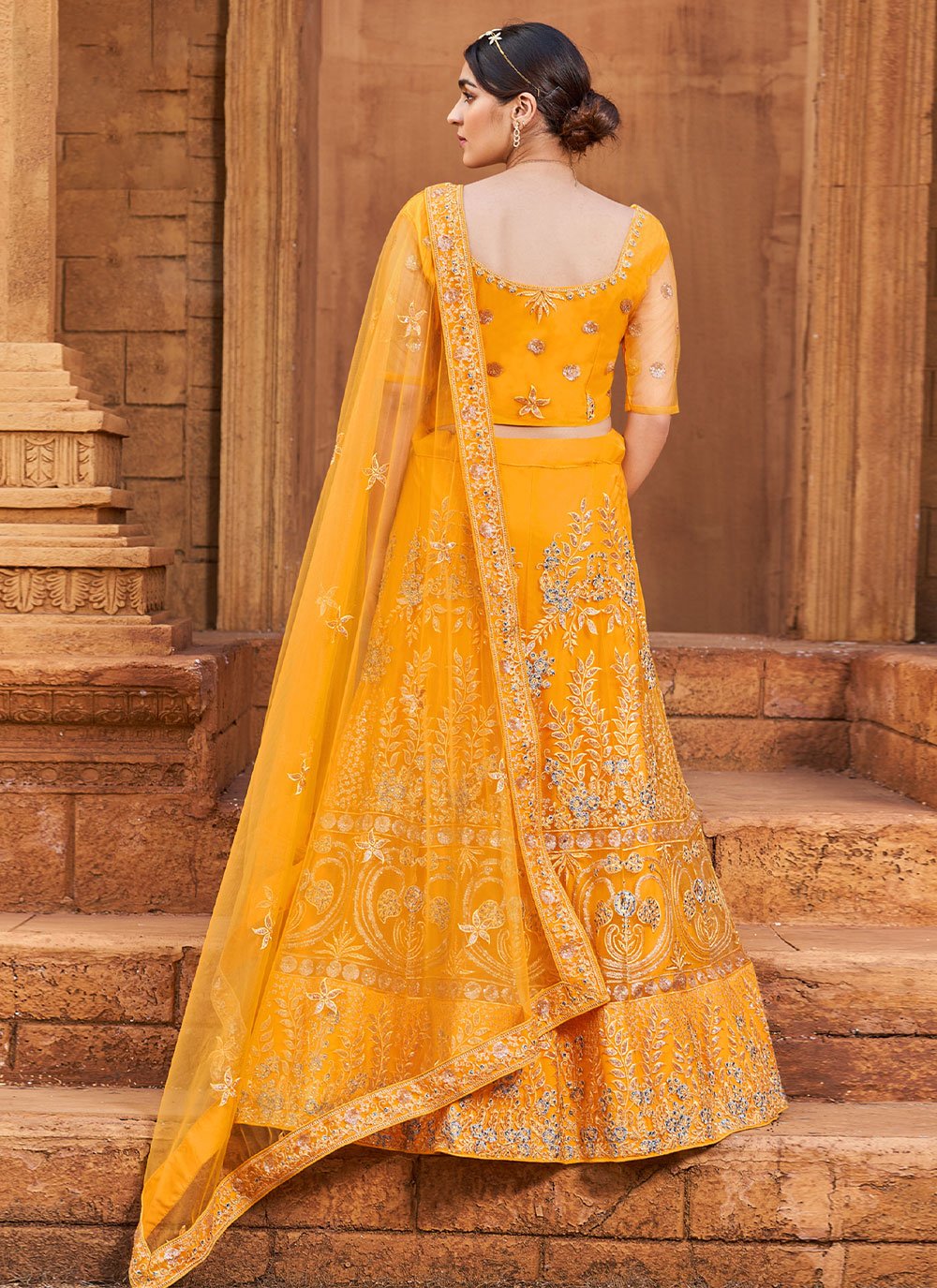 A Line Lehenga Net Mustard Embroidered Lehenga Choli