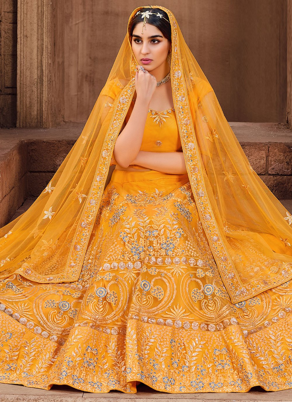 A Line Lehenga Net Mustard Embroidered Lehenga Choli